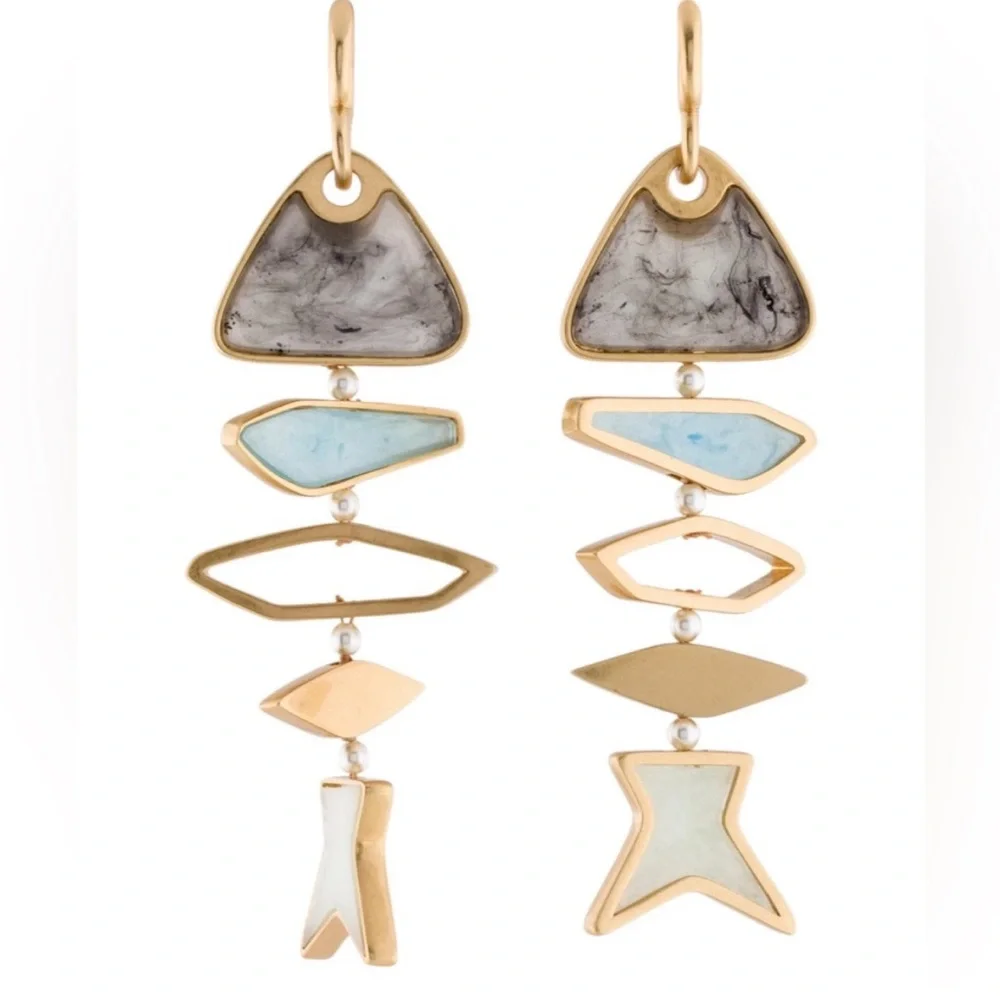 NWT! Tory Burch Gold Geometric Fish Drop Swarovski Pearls Dangle Earrings - Picture 2 of 5